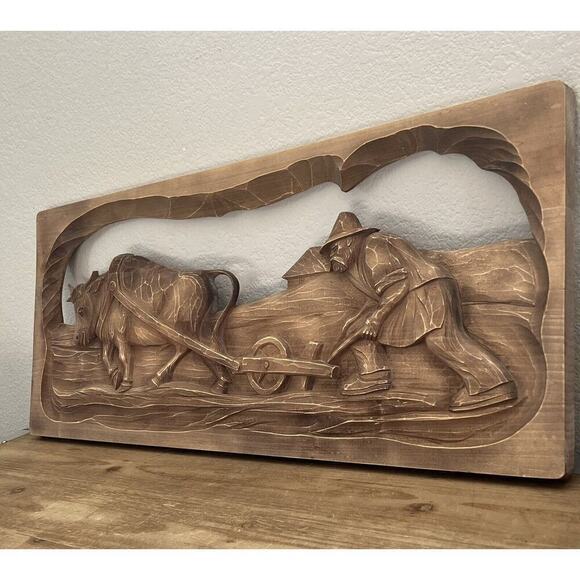 FARMER Folk Art Wooden Wall Decor - Alder Wood Hand Carved Tree - Ukrainian Farm - Picture 1 of 9